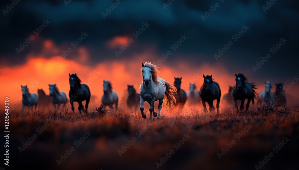 Majestic Wild Horses Galloping Across the Open Grassland Ecosystem at Sunset A Stunning Herd of Equus Caballus in Their Natural Habitat, Displaying Family Bonds and Thriving in a Vibrant, Untamed Majestic Wild Horses Galloping Across the Open Grassland Ecosystem at Sunset A Stunning Herd of Equus Caballus in Their Natural Habitat, Displaying Family Bonds and Thriving in a Vibrant, Untamed
