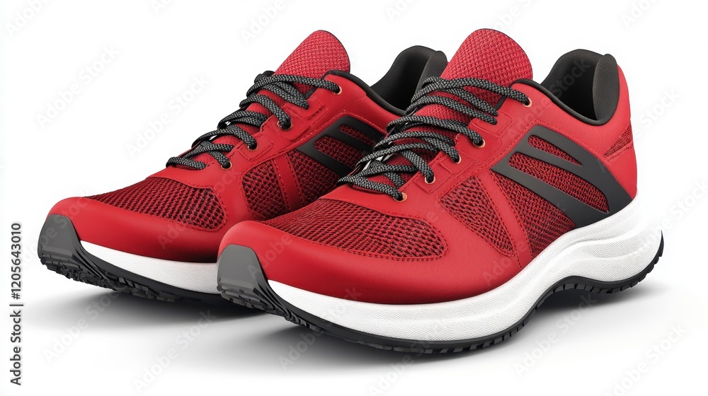 A pair of stylish running shoes in vibrant red and black displayed on a clean white background. A pair of stylish running shoes in vibrant red and black displayed on a clean white background.