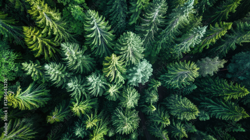 Aerial view of lush green coniferous forest with various tree heights and shades of green, creating vibrant natural landscape Aerial view of lush green coniferous forest with various tree heights and shades of green, creating vibrant natural landscape