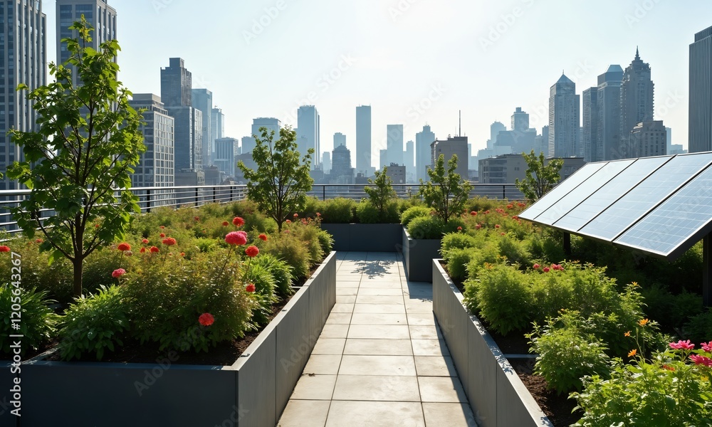 Fototapeta premium An urban rooftop transformed into a green sanctuary, with planters filled with thriving plants and flowers, solar panels nearby, and a breathtaking view of tall city buildings in the distance.