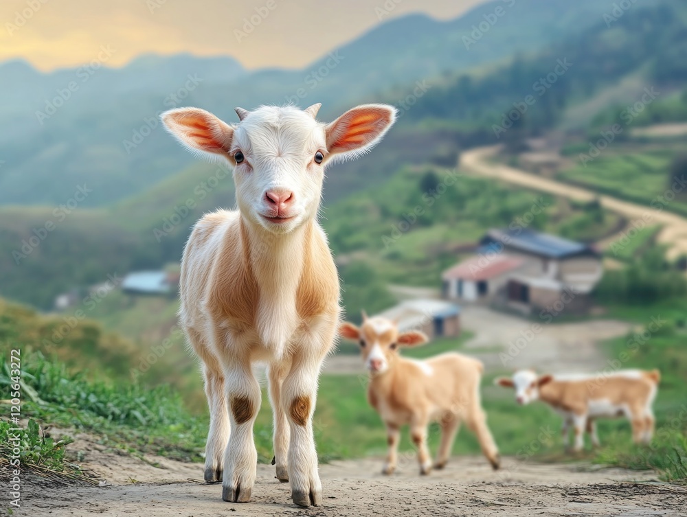 Fototapeta premium Pictures of a Sustainable Livestock Farm Diverse Animals Grazing Together in Vibrant, Eco-Friendly Scenery See images of goats, sheep, cattle, and more peacefully coexisting on a regenerative pasture