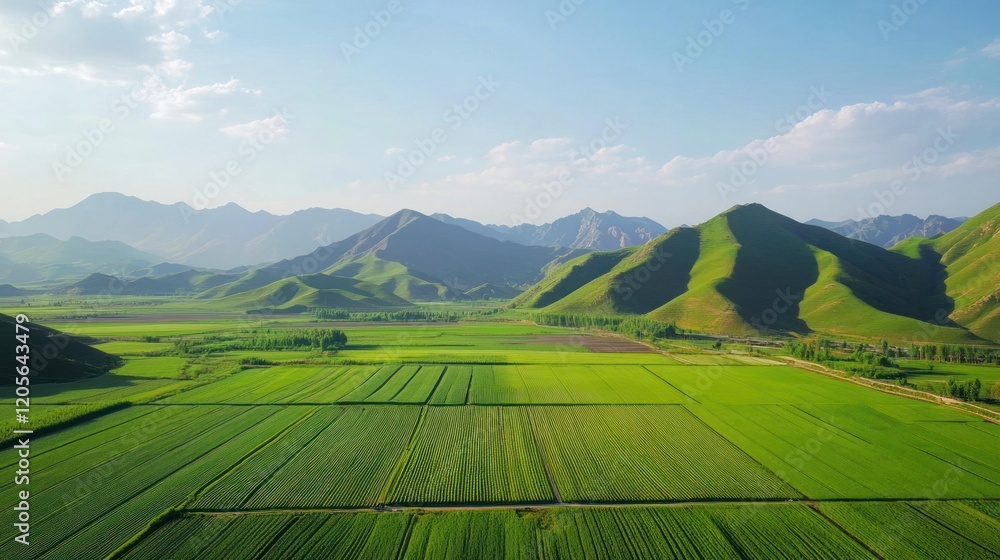 Obraz premium Lush green fields nestled against a backdrop of majestic mountains under a clear sky
