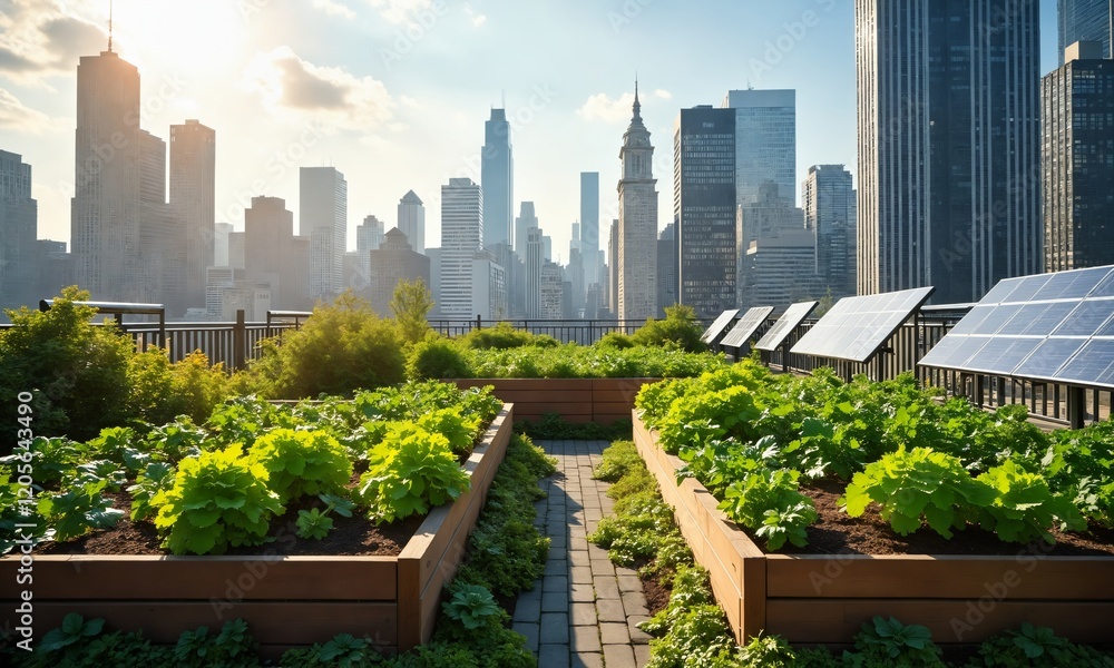 A rooftop agricultural space with raised planters filled with a mix of vegetables and flowers, solar panels reflecting the sunlight, and towering city buildings providing a stunning urban backdrop. A rooftop agricultural space with raised planters filled with a mix of vegetables and flowers, solar panels reflecting the sunlight, and towering city buildings providing a stunning urban backdrop.