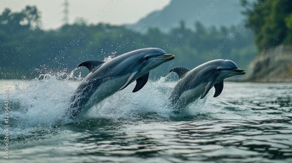 Fototapeta premium Two dolphins leaping from the ocean water on a background with trees and mountains