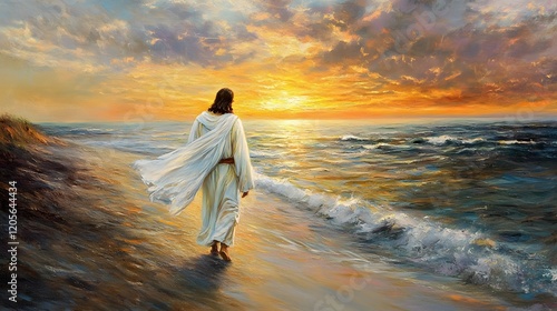 Religious figure walking on the beach at sunset
