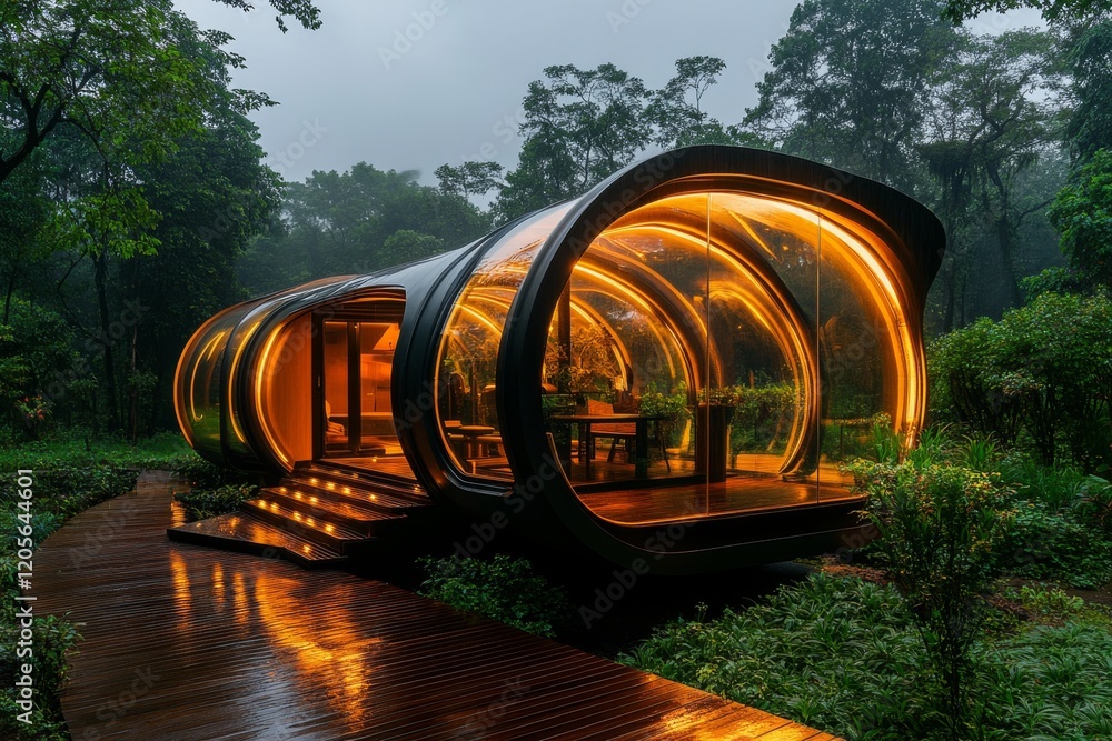 A futuristic yurt designed with sleek metal and glass, glowing under soft LED lighting, set in a high-tech eco-camping environment A futuristic yurt designed with sleek metal and glass, glowing under soft LED lighting, set in a high-tech eco-camping environment