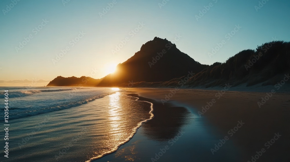 Fototapeta premium Golden Sunrise Over a Coastal Landscape With a Mountain and Rolling Waves