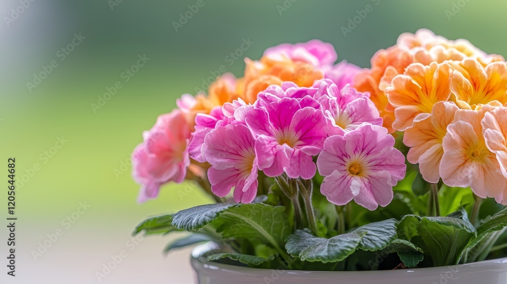 Obraz premium Close-up of brightly colored primroses, their intricate textures and vivid tones highlighted by the soft contrast of shaded greenery
