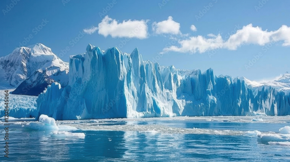 Majestic icebergs float in serene blue ocean under clear sky, showcasing beauty of nature frozen landscapes Majestic icebergs float in serene blue ocean under clear sky, showcasing beauty of nature frozen landscapes