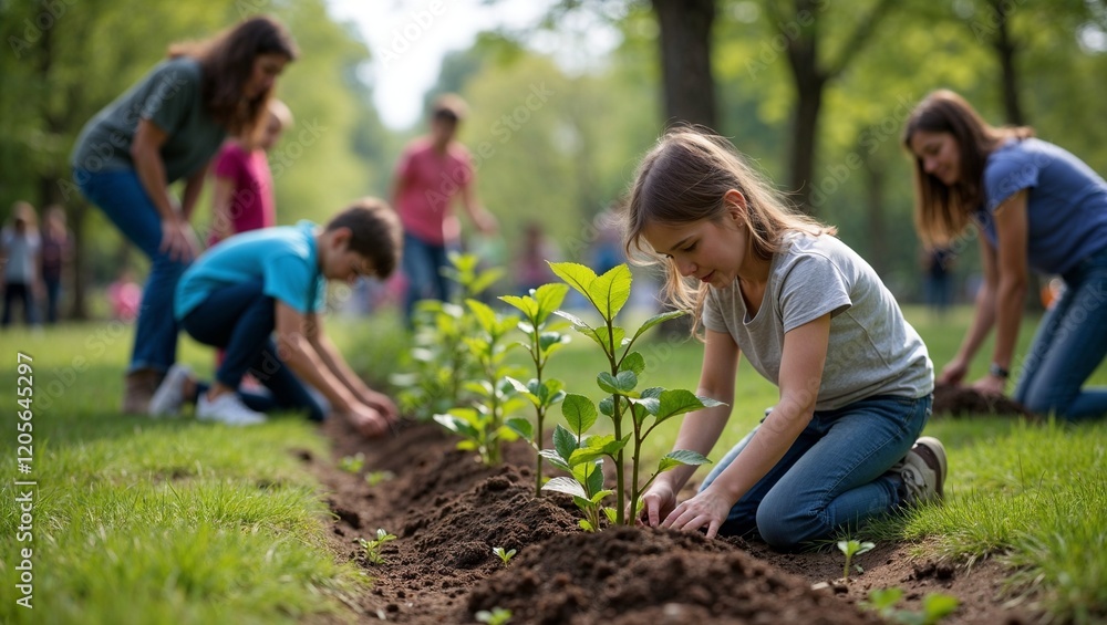 Community tree-planting event with people planting saplings together in a park
Community tree-planting event with people planting saplings together in a park