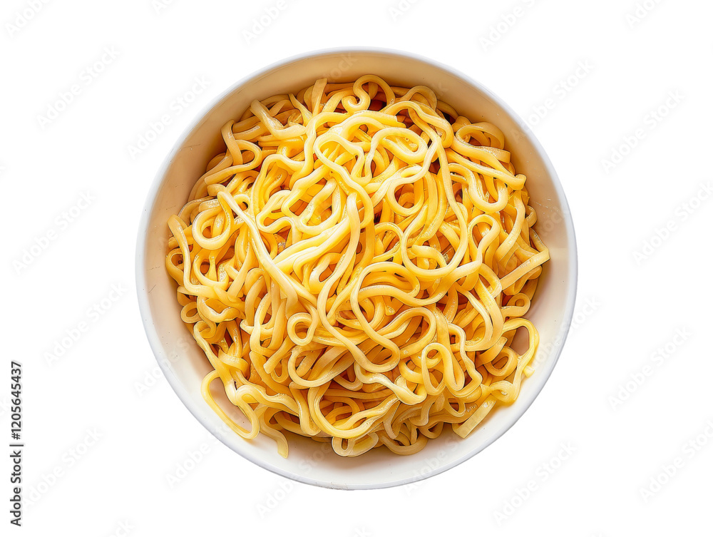 Curly noodles served in a white bowl from above Curly noodles served in a white bowl from above