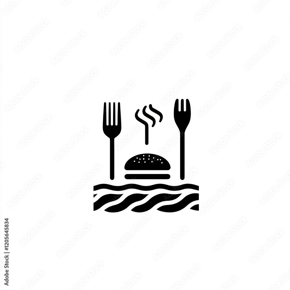 Steaming burger with forks on wavy plate; restaurant menu design Steaming burger with forks on wavy plate; restaurant menu design