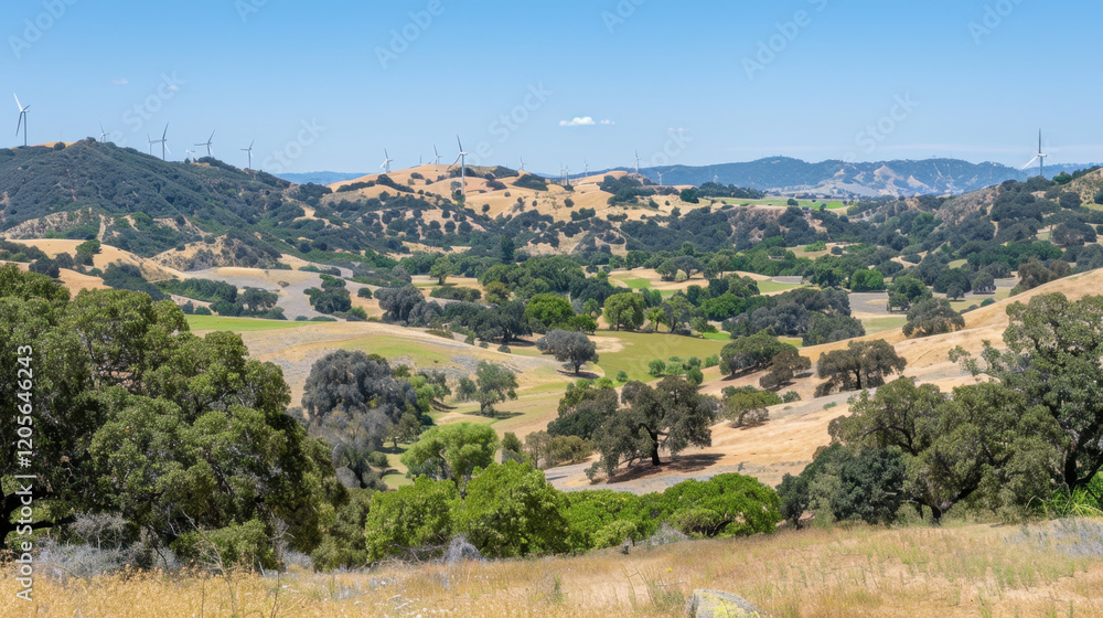 scenic landscape featuring rolling hills, green trees, and wind turbines in distance, showcasing beauty of nature and sustainable energy scenic landscape featuring rolling hills, green trees, and wind turbines in distance, showcasing beauty of nature and sustainable energy