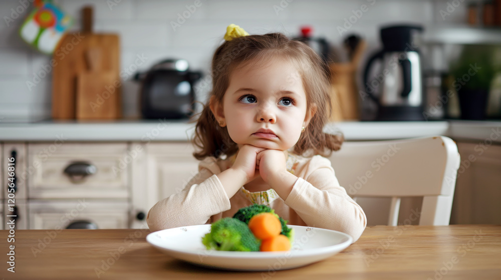 A thoughtful girl sits at a kitchen table, staring at a plate of vegetables with a contemplative expression. A thoughtful girl sits at a kitchen table, staring at a plate of vegetables with a contemplative expression.
