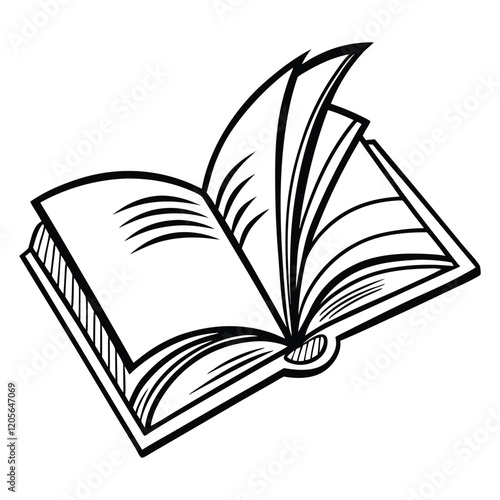 An open book illustration with pages flipping, depicted in a black and white line art style. The image captures the dynamic motion of the pages, making it suitable for educational, or publish themed