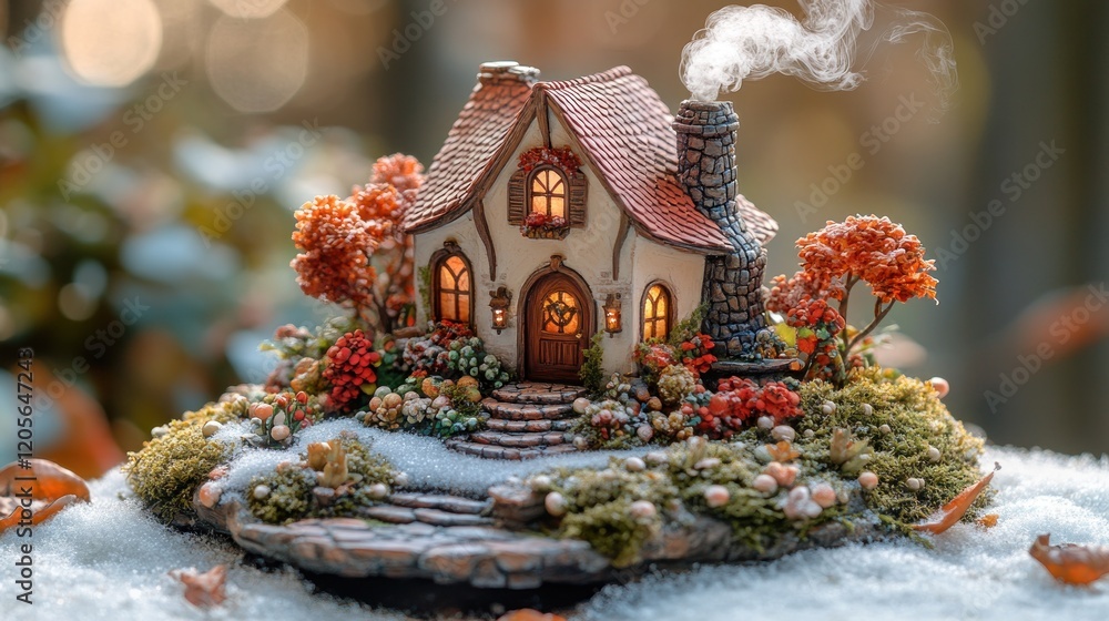 Fototapeta premium Cozy autumn cottage, snow scene, bokeh background, holiday decor
