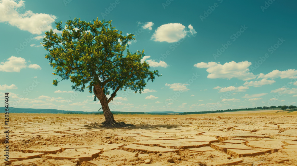 solitary tree stands resilient on cracked earth under bright blue sky, symbolizing endurance in dry landscape solitary tree stands resilient on cracked earth under bright blue sky, symbolizing endurance in dry landscape