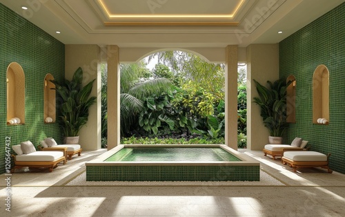 Tranquil Ayurvedic retreat with green gold white color scheme photo