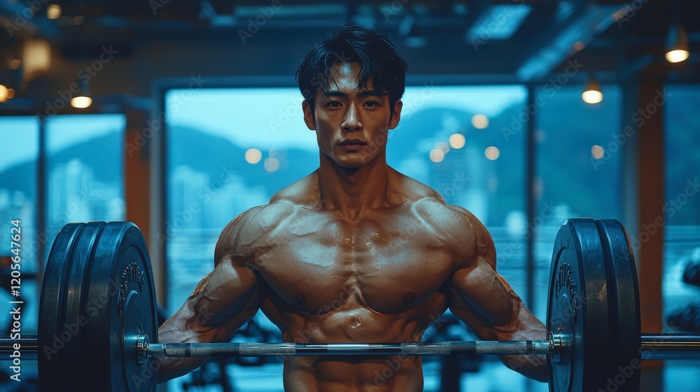 Naklejka premium Powerful Muscular Man Weightlifting in Gym Intense Workout