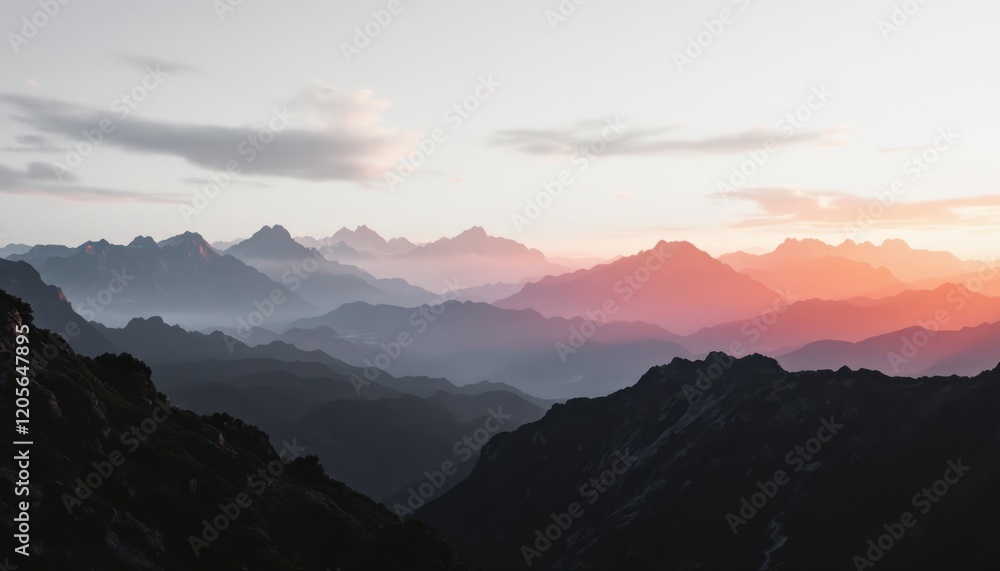 Obraz premium Tranquil mountain sunrise with layers of misty peaks and soft clouds