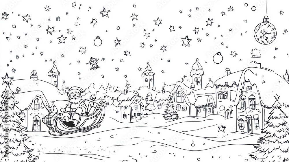 Obraz premium Santa Claus in his sleigh flying over a snowy village with christmas ornaments and stars in the sky