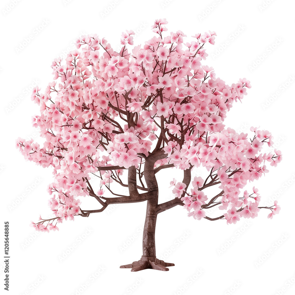 Fototapeta premium Vibrant Cherry Blossom Tree 3D Render with Delicate Pink Petals and Organic Branch Structure Isolated on Transparent Background