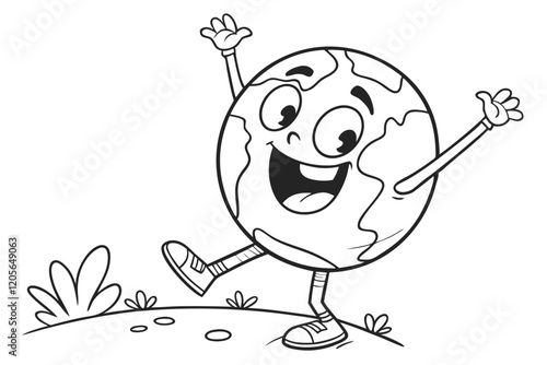  cartoon Earth character, anthropomorphic globe, smiling planet, arms raised, joyful expression, hand-drawn style, black and white sketch, environmental mascot, cute global icon, cheerful world illus