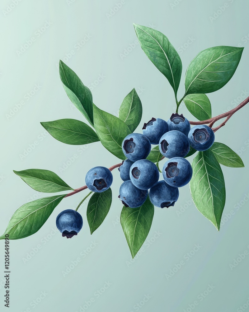 Ripe blueberries on blueberry bush branch in realistic raw style Ripe blueberries on blueberry bush branch in realistic raw style