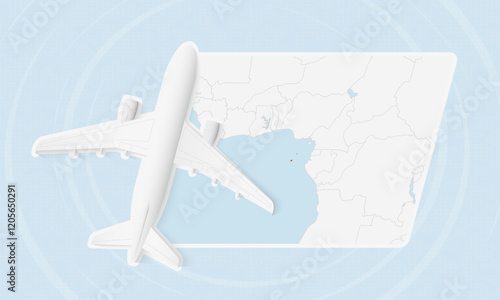 Sao Tome and Principe Travel Illustration with Plane and National Flag. Airplane Flying Over Sao Tome and Principe Map.