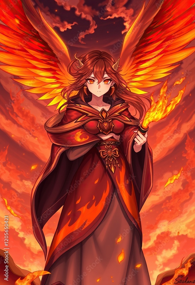 Fototapeta premium Fiery Winged Woman Holds Flaming Torch Against Sunset