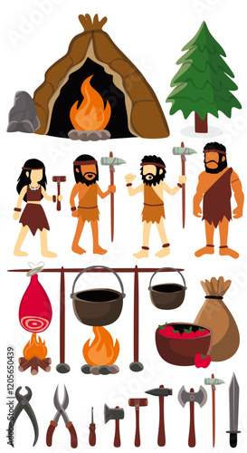 set of caveman vector illustration. caveman elements consist of cave houses, campfires, various cavemen, cauldrons, cooking pots, stone, hunted meat, a basket of apples, hunting tools and repair tools