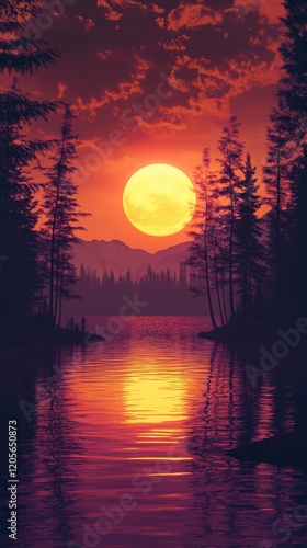 A stunning sunset reflecting over a tranquil lake surrounded by trees and mountains.