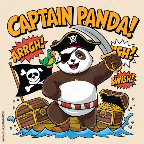 Cartoon Pirate Panda with Treasure, Sword, and Parrot on Wooden Ship