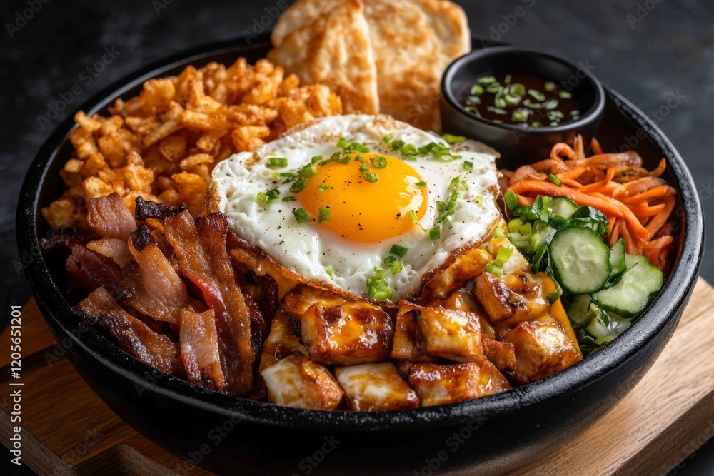 A hearty breakfast platter with sunny-side-up eggs, crispy bacon, hash browns, and buttered toast A hearty breakfast platter with sunny-side-up eggs, crispy bacon, hash browns, and buttered toast