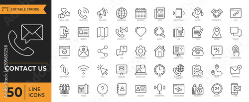 Contact us icon set. Containing addres, home, location, bullhorn, map, call, subscribe, time, partnership, links, email, message, and more. Vector illustration
