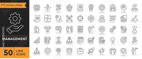Management icon set. Containing manager, teamwork, strategy, marketing, business, planning, training, employee, and more. Vector illustration