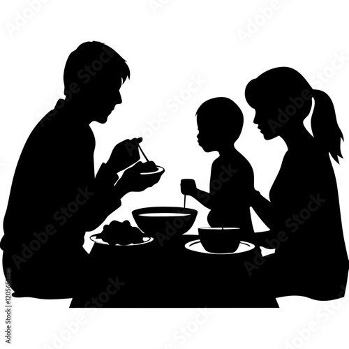 Family eating silhouettes on white background