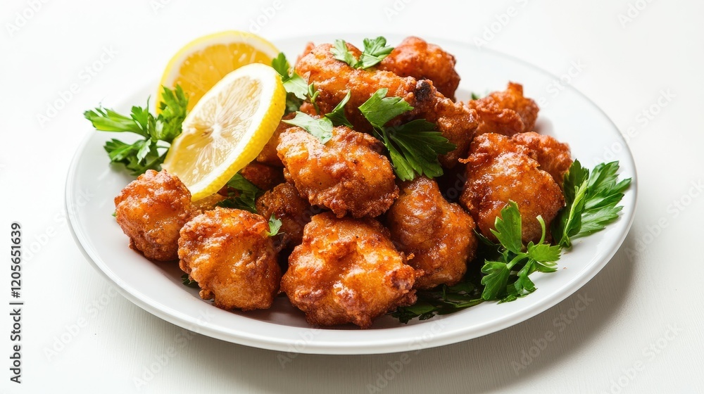 A plate of golden brown breaded fried cutlets garnished with fresh parsley rests on a rustic wooden table. A plate of golden brown breaded fried cutlets garnished with fresh parsley rests on a rustic wooden table.