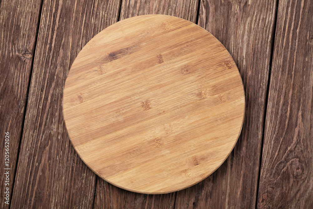 Top view of wooden round tray on wooden table, food background, template for designer Top view of wooden round tray on wooden table, food background, template for designer