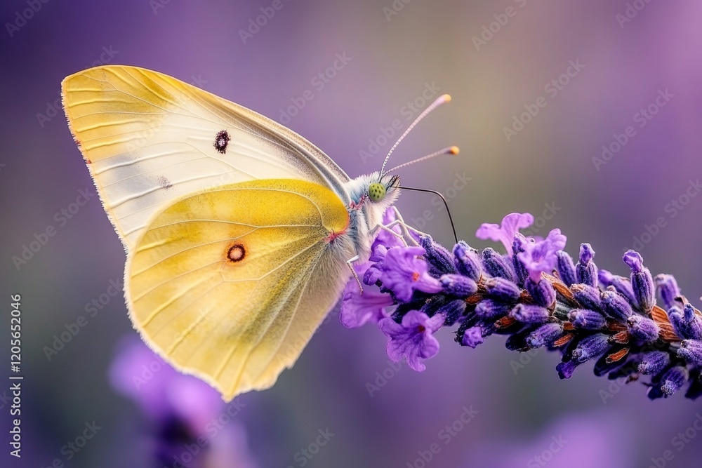 A xanthous butterfly resting on a purple lavender flower, with intricate details of its wings visible A xanthous butterfly resting on a purple lavender flower, with intricate details of its wings visible