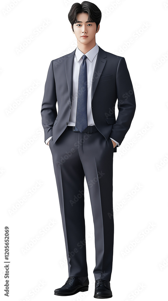 Confident Young Man in a Business Suit Standing with Hands in Pockets, Full Body Portrait on White Background PNG Confident Young Man in a Business Suit Standing with Hands in Pockets, Full Body Portrait on White Background PNG