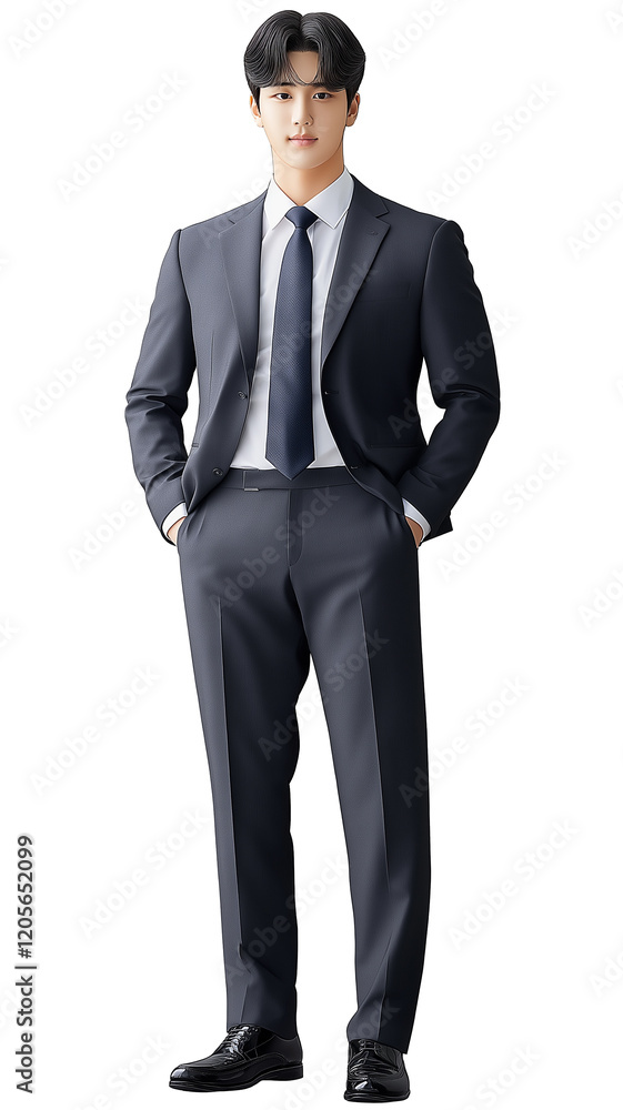 Confident Young Man in a Business Suit Standing with Hands in Pockets, Full Body Portrait on White Background PNG Confident Young Man in a Business Suit Standing with Hands in Pockets, Full Body Portrait on White Background PNG