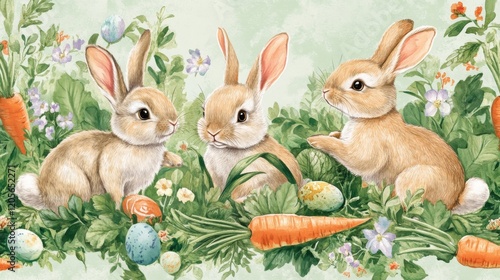Charming Watercolor Easter Scene with Three Bunnies Amidst Carrots, Flowers, and Decorated Eggs