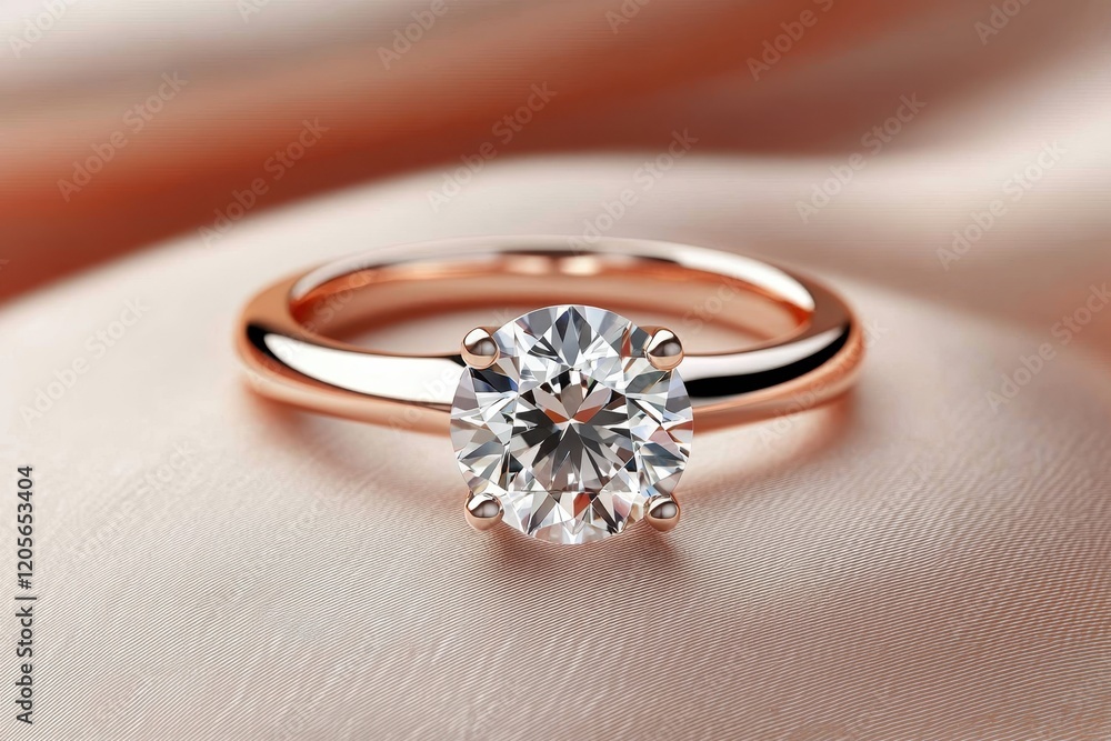 Intimate wedding concept with a charming and elegant bride. A stunning rose gold engagement ring featuring a brilliant round diamond, resting elegantly on soft satin fabric. Intimate wedding concept with a charming and elegant bride. A stunning rose gold engagement ring featuring a brilliant round diamond, resting elegantly on soft satin fabric.