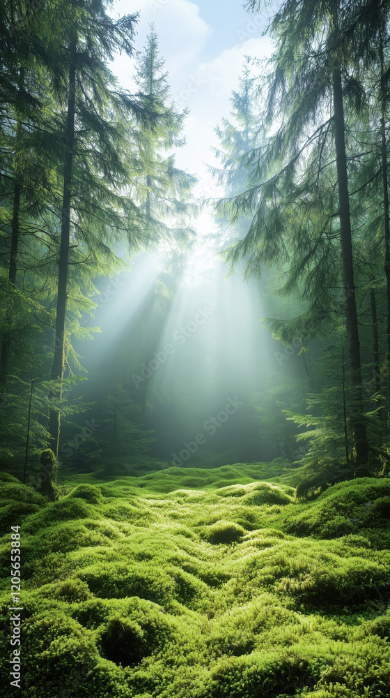 Obraz premium Evergreen forest oasis serene nature photography in tranquil light