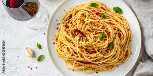 Italian dining concept featuring spaghetti and Chianti wine. Delicious pasta dish served with a glass of red wine