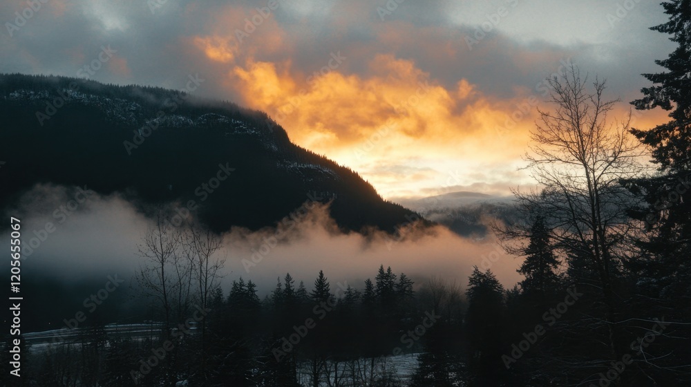 Obraz premium A vibrant sunrise over a forested mountain slope with layers of mist.