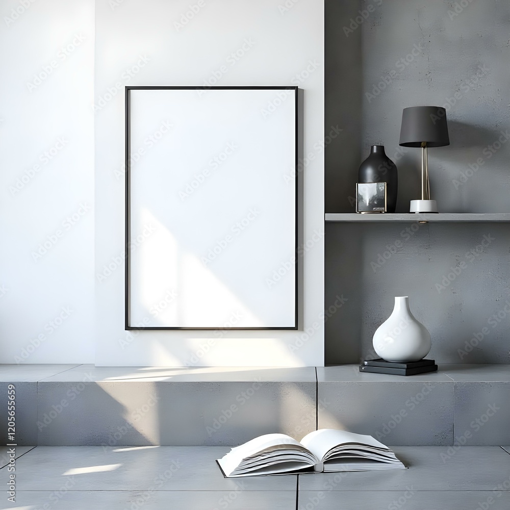 3d model, octane render volumetric, highly detailed videogame, A minimalist interior scene featuring a blank framed picture leaning against a light wooden console. 3d model, octane render volumetric, highly detailed videogame, A minimalist interior scene featuring a blank framed picture leaning against a light wooden console.