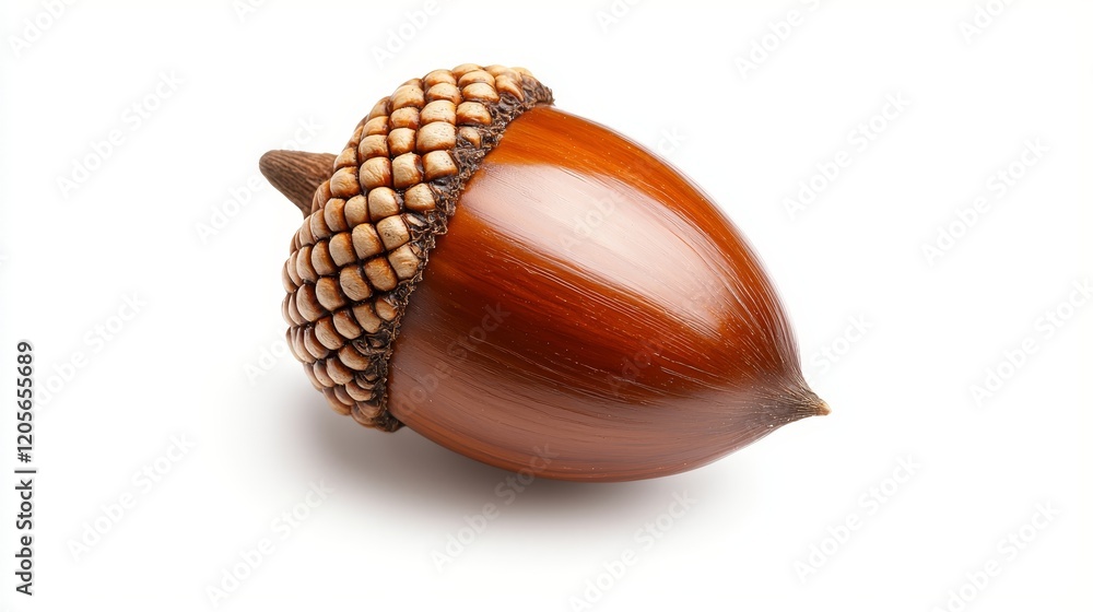 single brown acorn, oak nut with textured cap, floating dynamic view, soft shadow, isolated on white background single brown acorn, oak nut with textured cap, floating dynamic view, soft shadow, isolated on white background