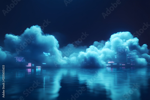 3D rendering of clouds with data and glowing neon lights in space, symbolizing advanced cybersecurity and AI-driven innovation in a futuristic tech scene.